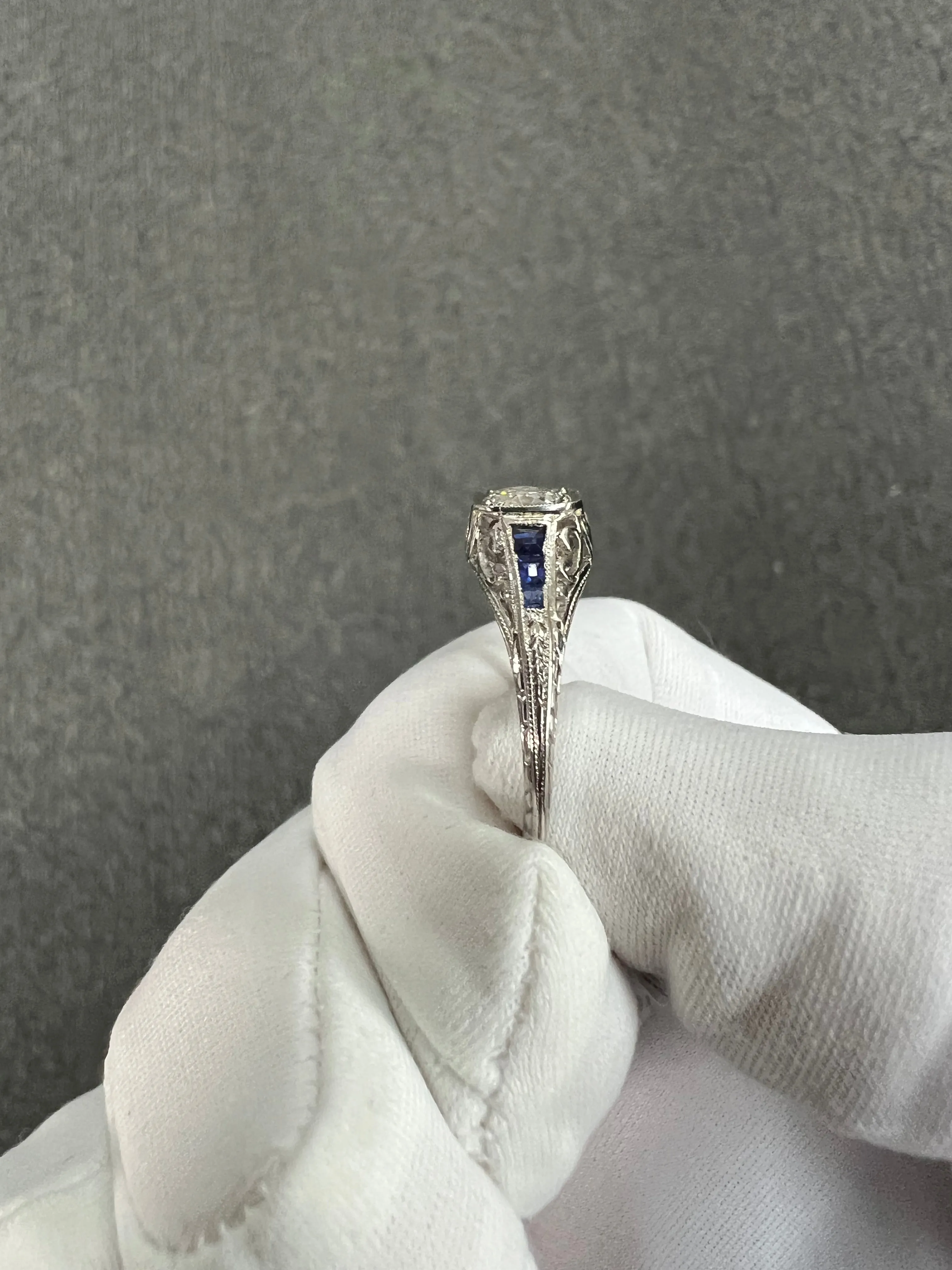 1922 Art Deco Diamond Sapphire Platinum Engagement Ring