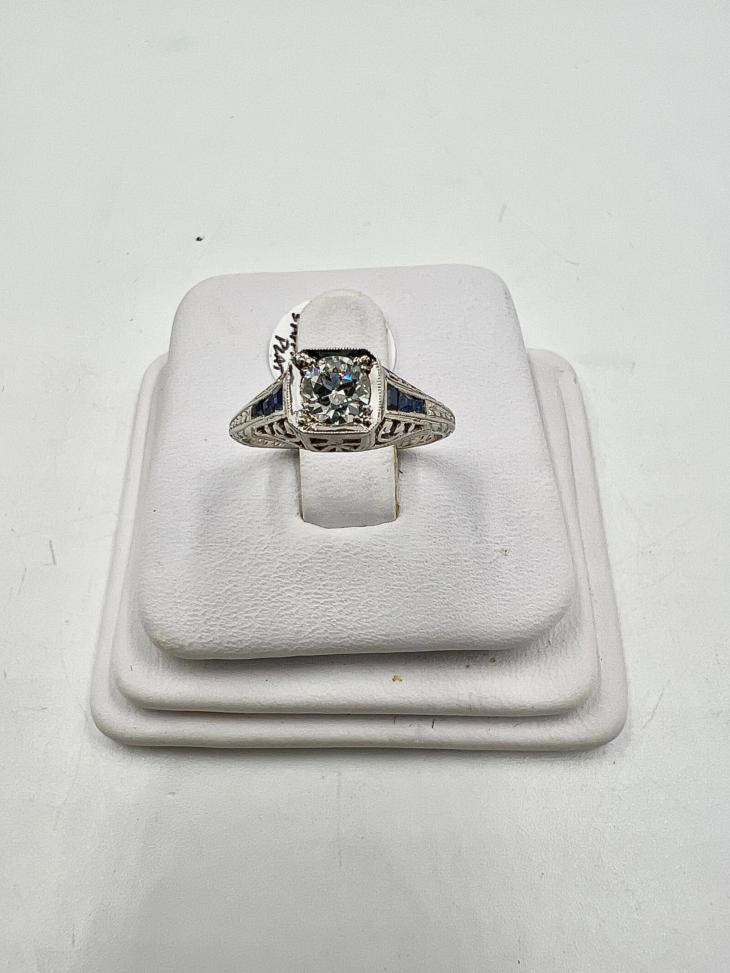 1922 Art Deco Diamond Sapphire Platinum Engagement Ring