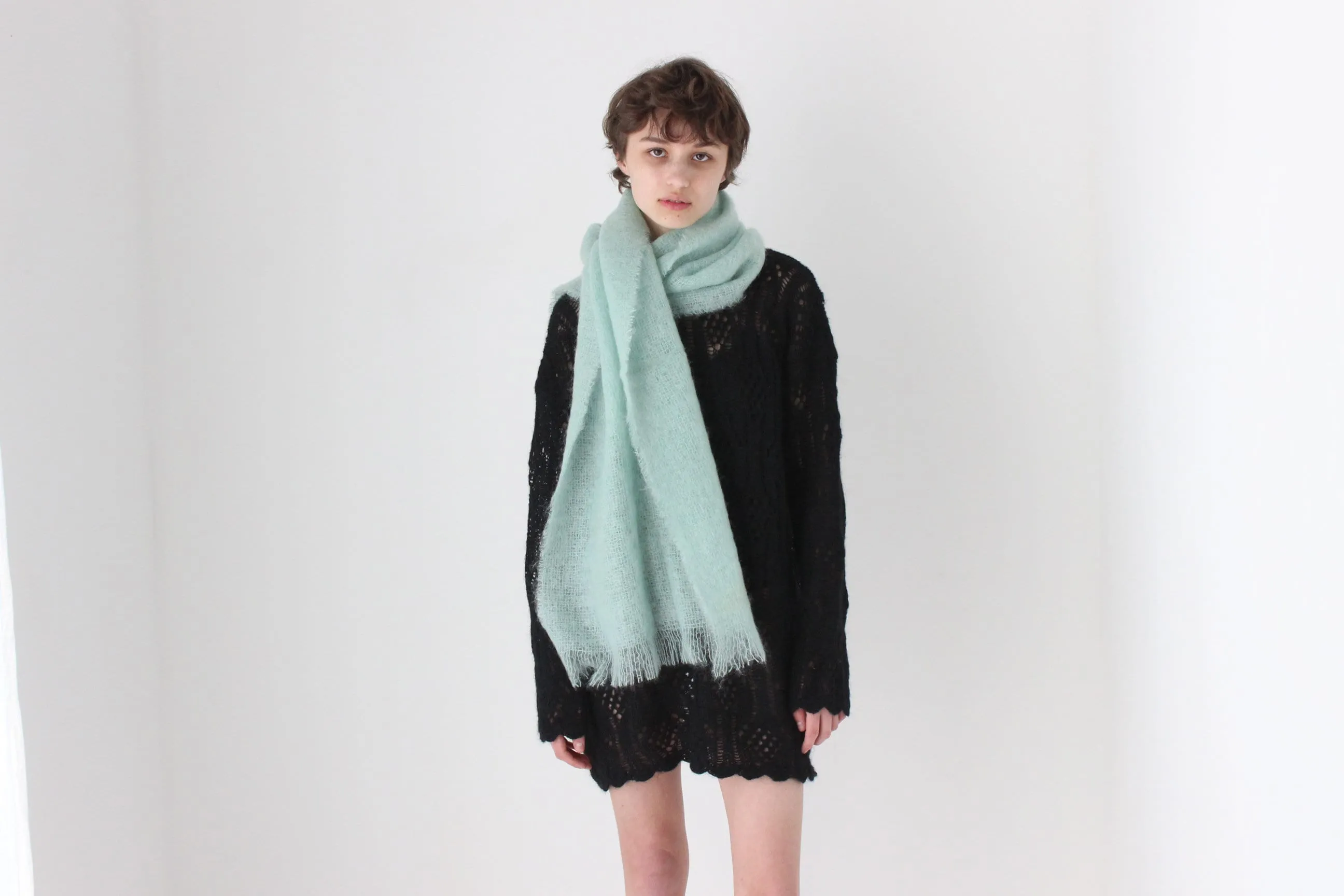 80s Scottish Mohair & New Wool Mint Green Oversized Scarf