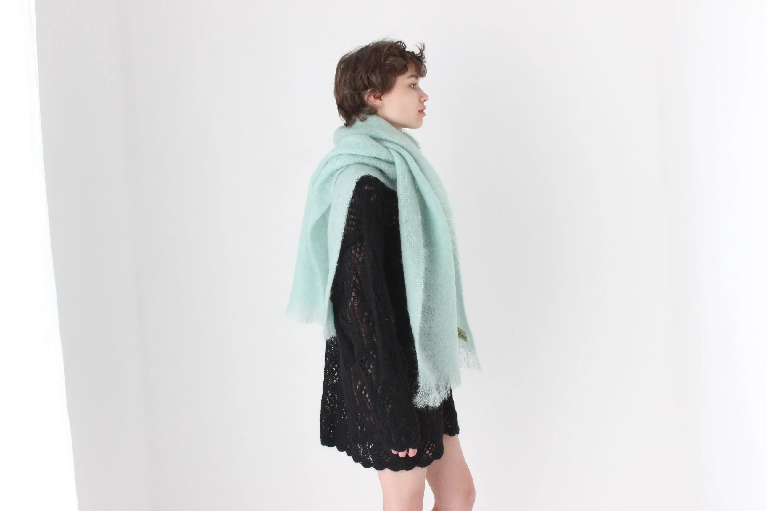 80s Scottish Mohair & New Wool Mint Green Oversized Scarf