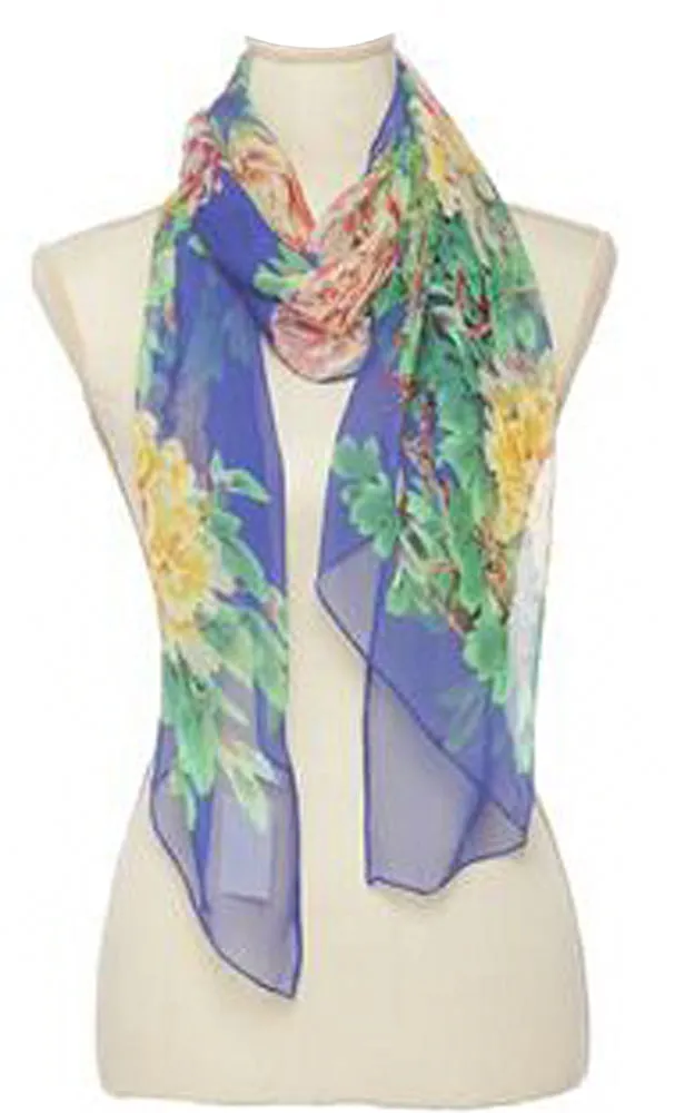 BASC4829 Royal Blue Silky Floral Oblong Scarf