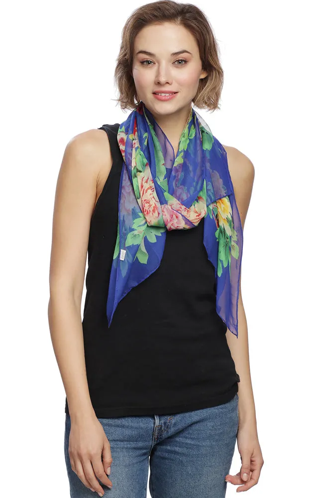 BASC4829 Royal Blue Silky Floral Oblong Scarf