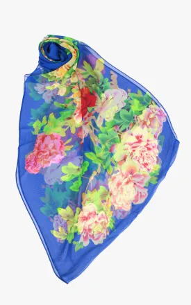 BASC4829 Royal Blue Silky Floral Oblong Scarf