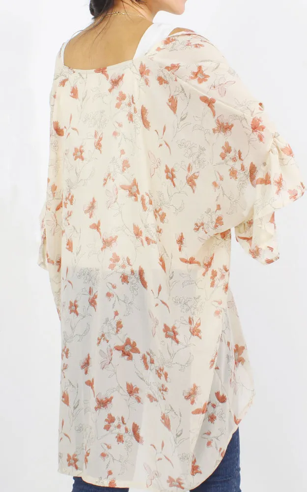 EAV9940 Flower Print Chiffon Ruffle Kimono Cover Up