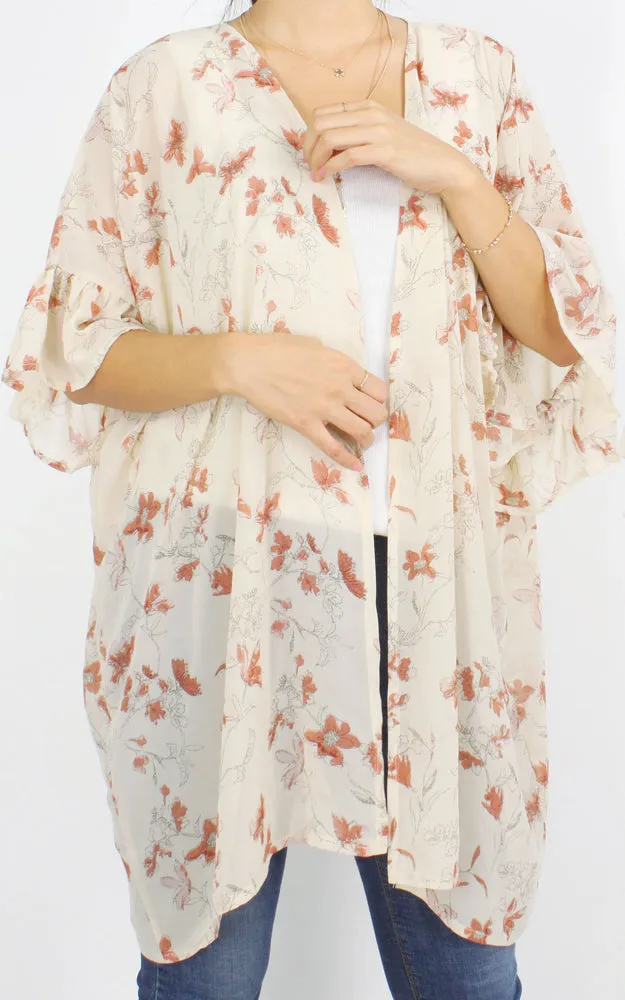 EAV9940 Flower Print Chiffon Ruffle Kimono Cover Up