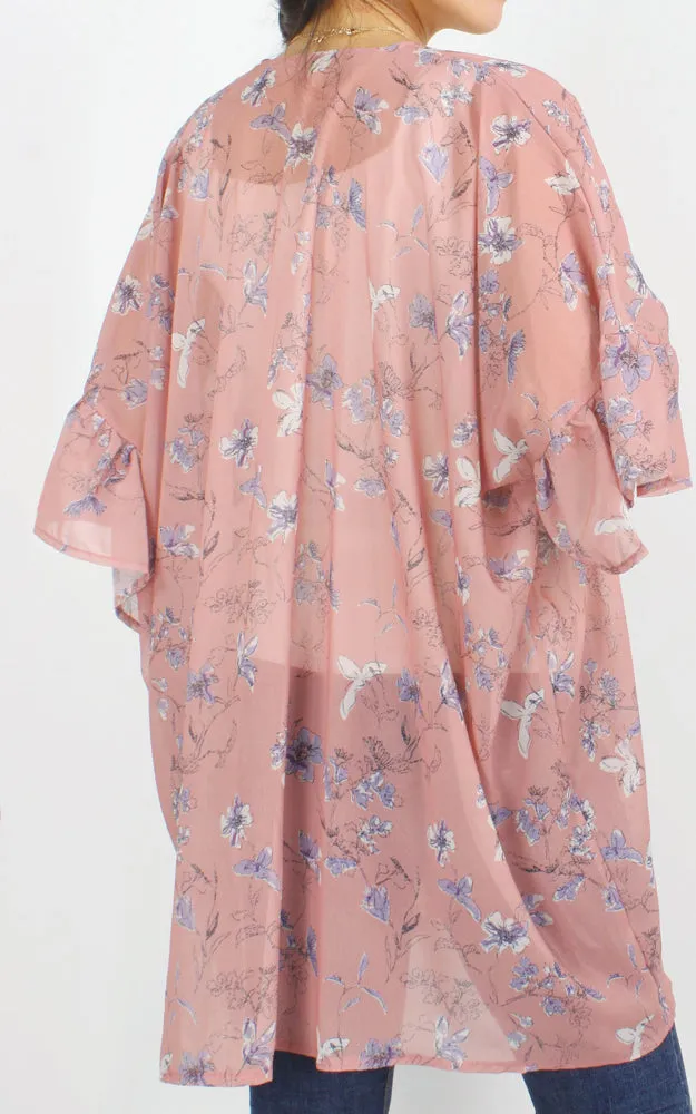 EAV9940 Flower Print Chiffon Ruffle Kimono Cover Up