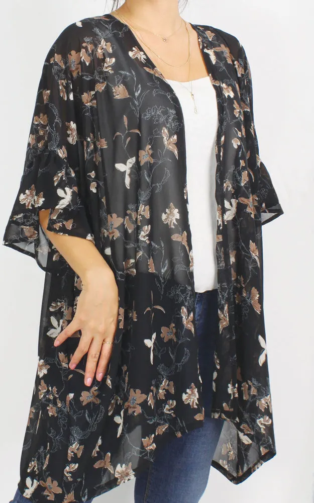 EAV9940 Flower Print Chiffon Ruffle Kimono Cover Up