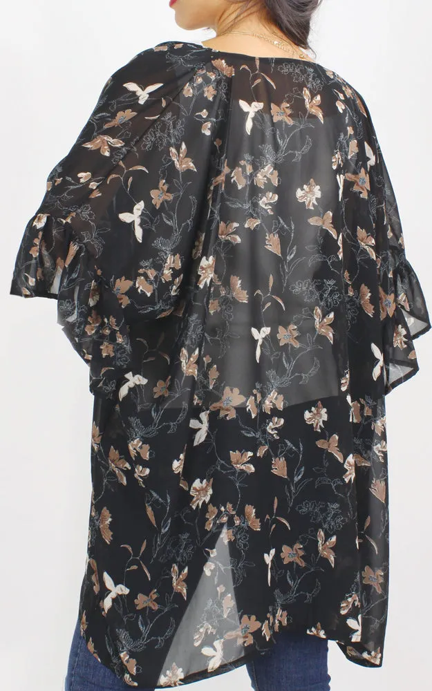 EAV9940 Flower Print Chiffon Ruffle Kimono Cover Up
