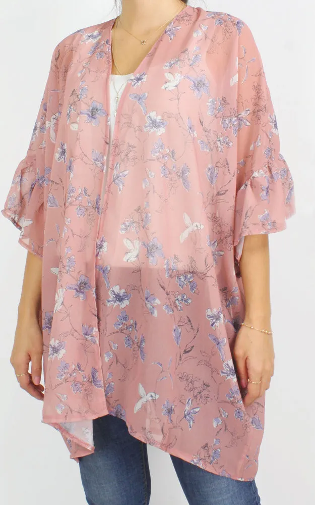 EAV9940 Flower Print Chiffon Ruffle Kimono Cover Up