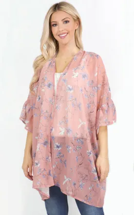 EAV9940 Flower Print Chiffon Ruffle Kimono Cover Up
