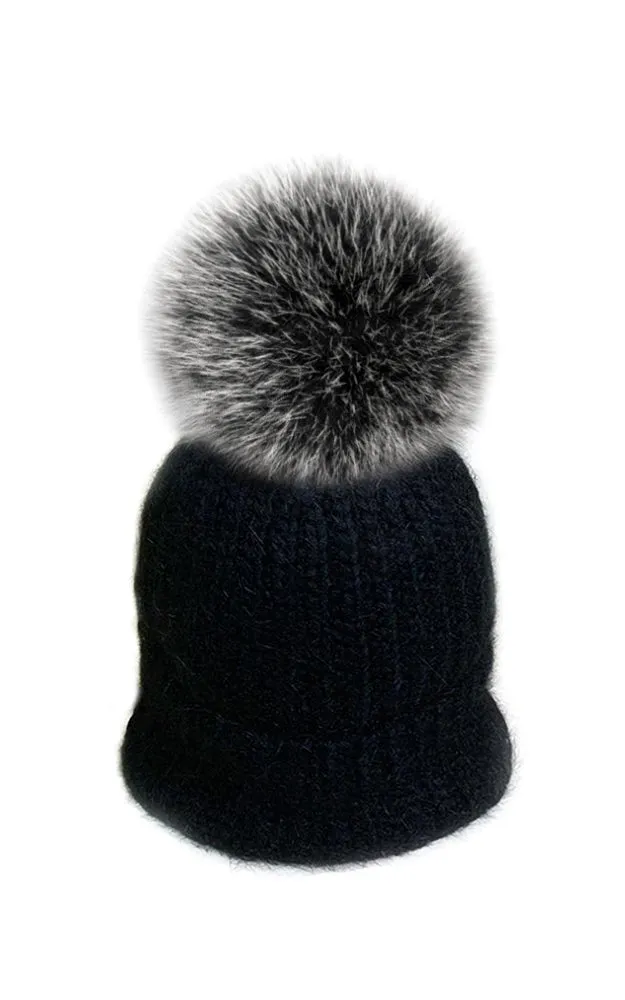 Kids AHF3 Angora Wool Real Fox Fur Pom Pom Hat