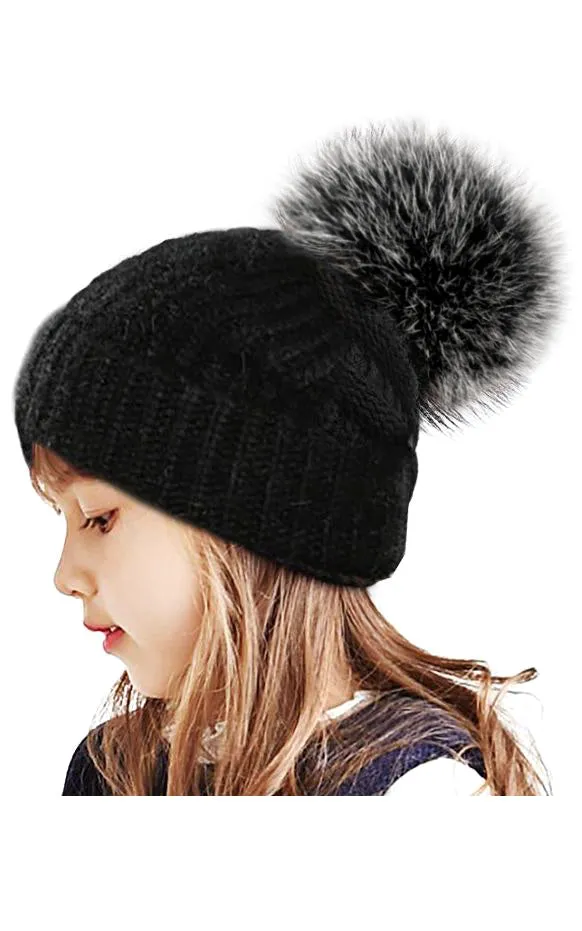 Kids AHF3 Angora Wool Real Fox Fur Pom Pom Hat