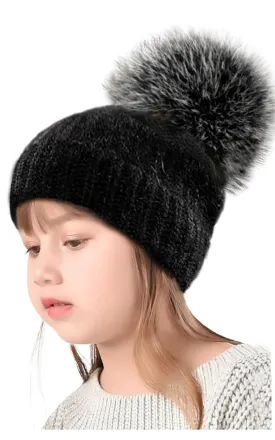 Kids AHF3 Angora Wool Real Fox Fur Pom Pom Hat