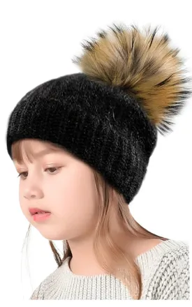 Kids AHR3 Angora Wool Real Raccoon Fur Pom Pom Hat