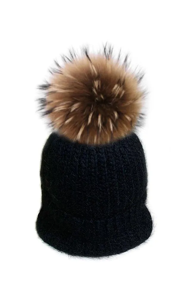 Kids AHR3 Angora Wool Real Raccoon Fur Pom Pom Hat