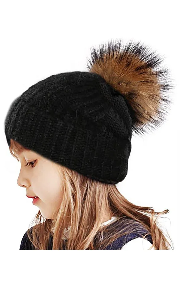 Kids AHR3 Angora Wool Real Raccoon Fur Pom Pom Hat
