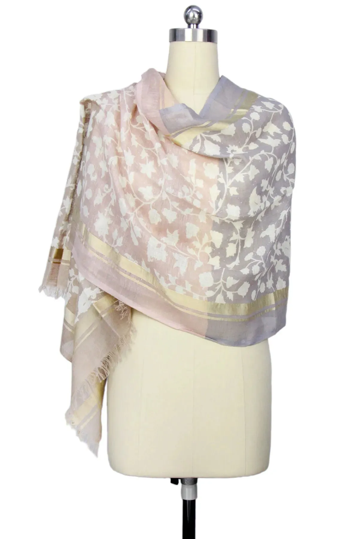 Leaf Embroidered Scarf with Eyelash Fringe