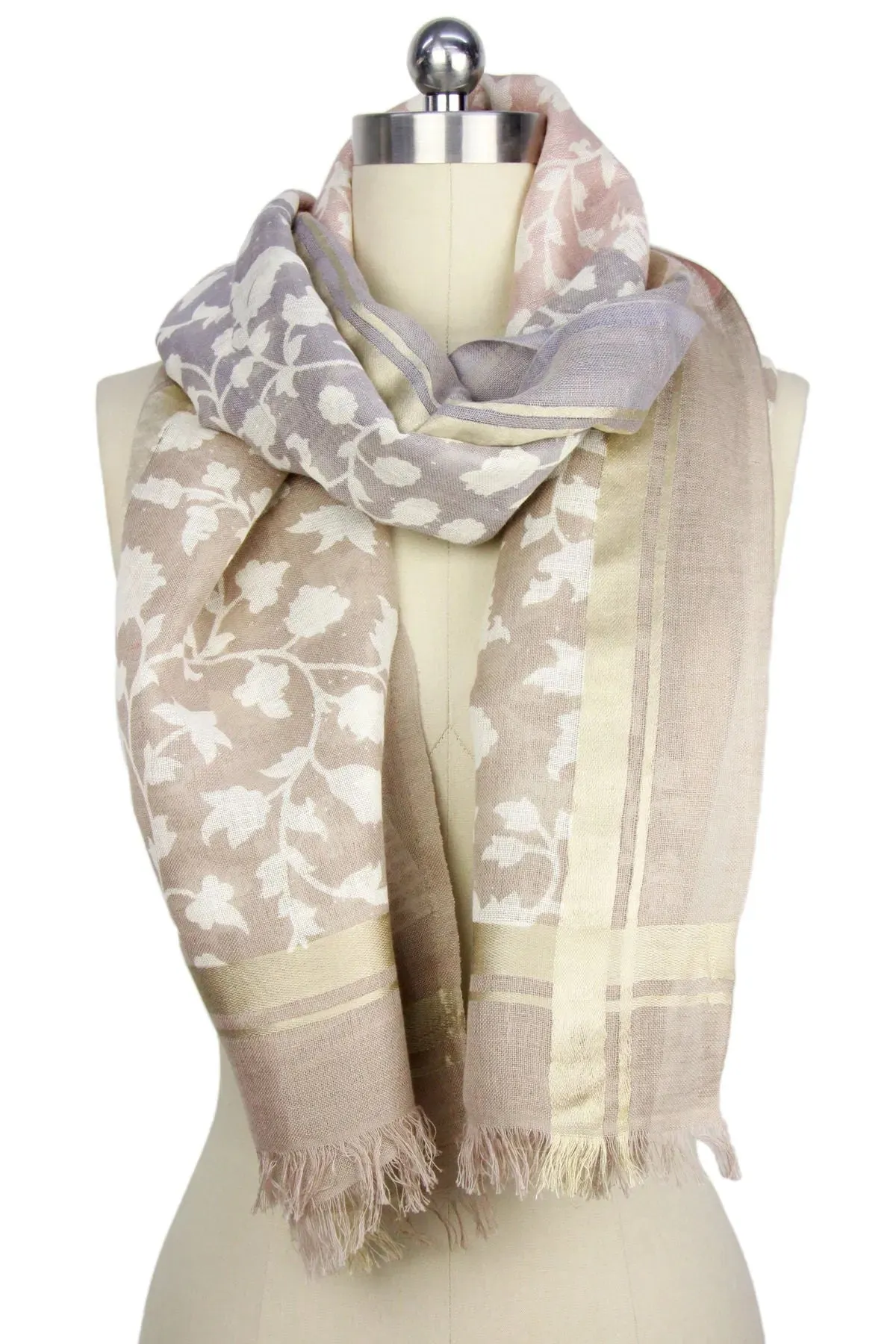 Leaf Embroidered Scarf with Eyelash Fringe