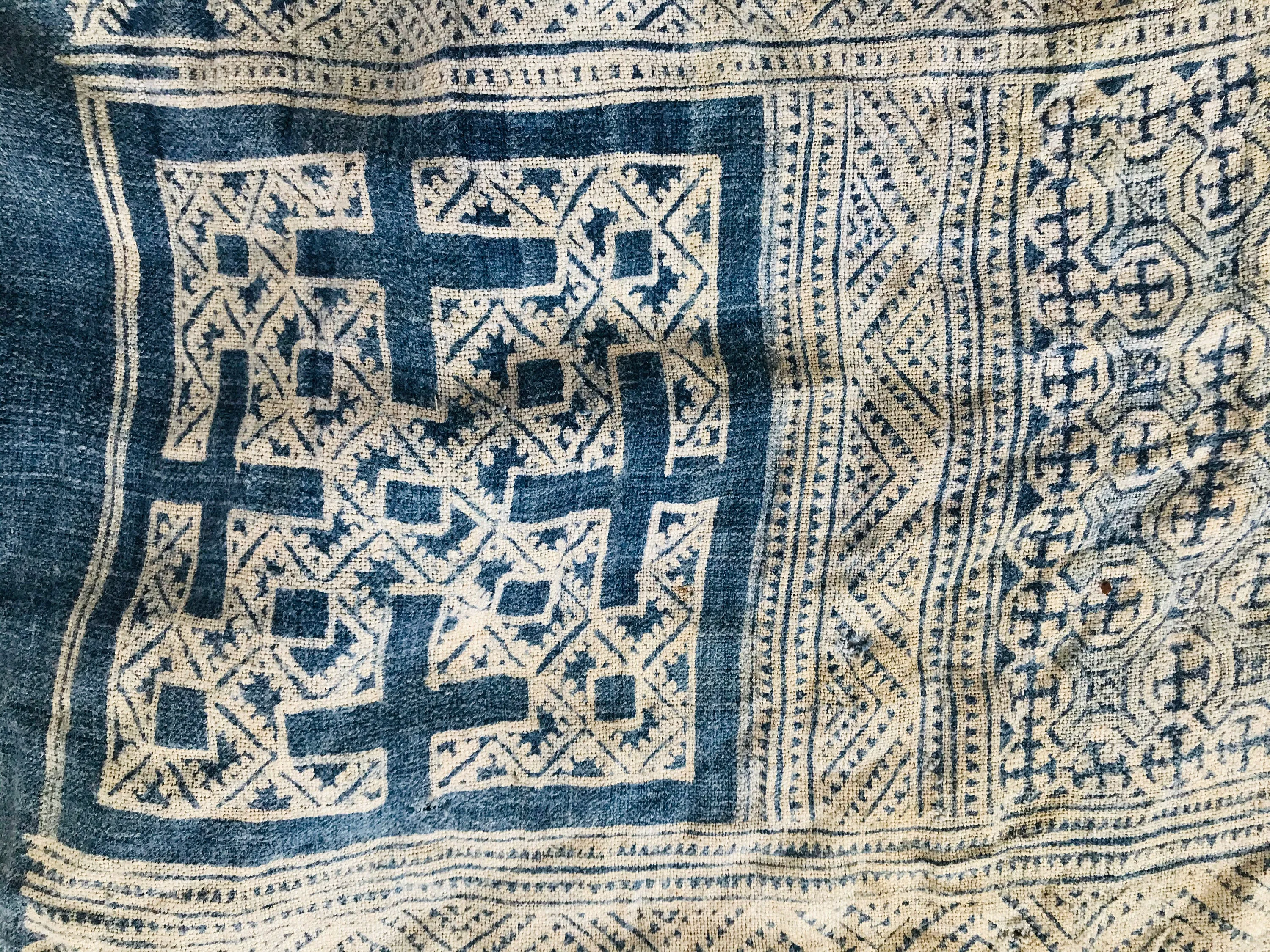 Vintage Hmong Indigo Hemp Linen Scarf, Wrap. Batik
