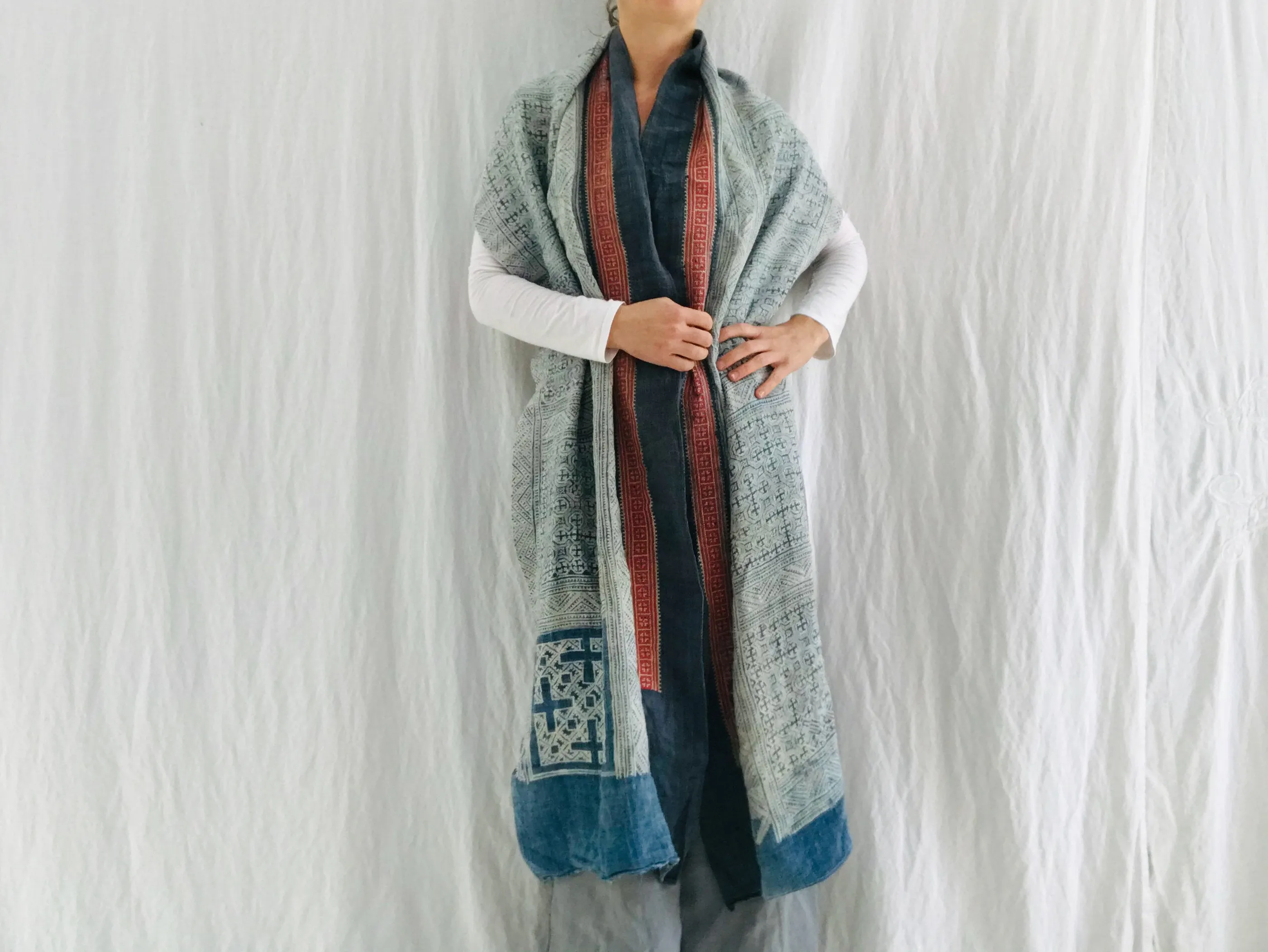 Vintage Hmong Indigo Hemp Linen Scarf, Wrap. Batik