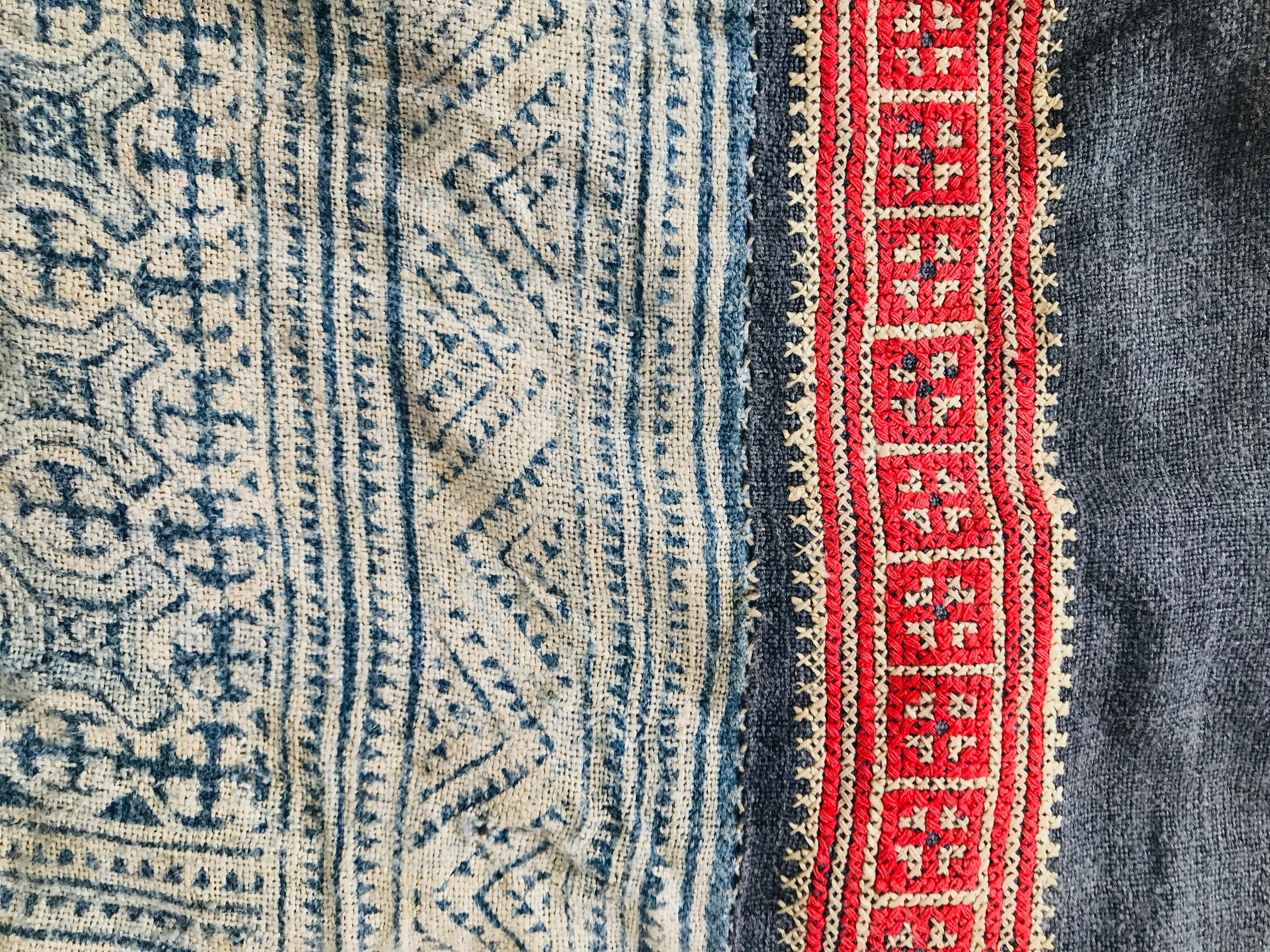 Vintage Hmong Indigo Hemp Linen Scarf, Wrap. Batik