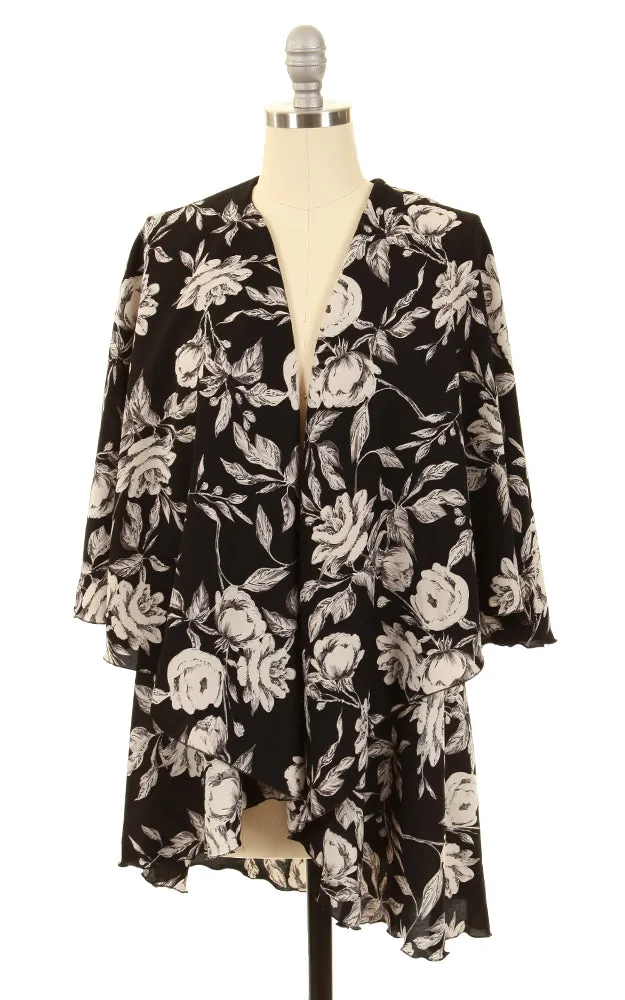 VP8571 Black Floral Print Multi Shawl Vest
