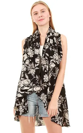 VP8571 Black Floral Print Multi Shawl Vest