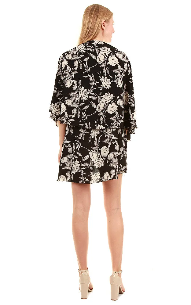 VP8571 Black Floral Print Multi Shawl Vest